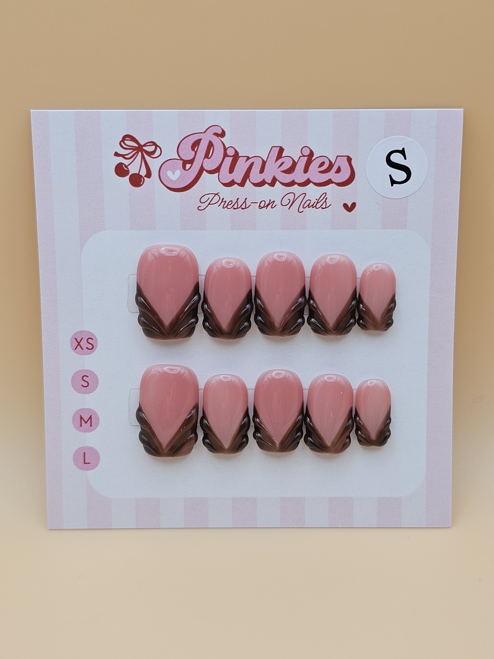 Press-on Nails Set 10pc Size S Baby Duck Brown Maroon V French 3D Gel